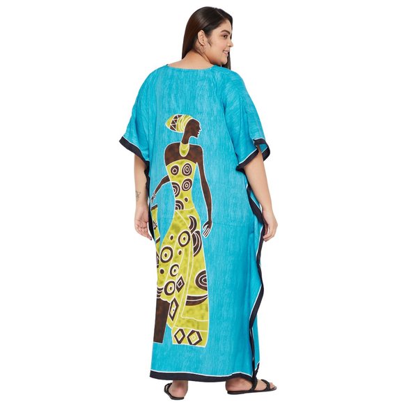 Women Plus Size Fit and Flare Tribal Print Sky Blue Kaftan Dress by Gypsie Blu - Picture 8 of 9